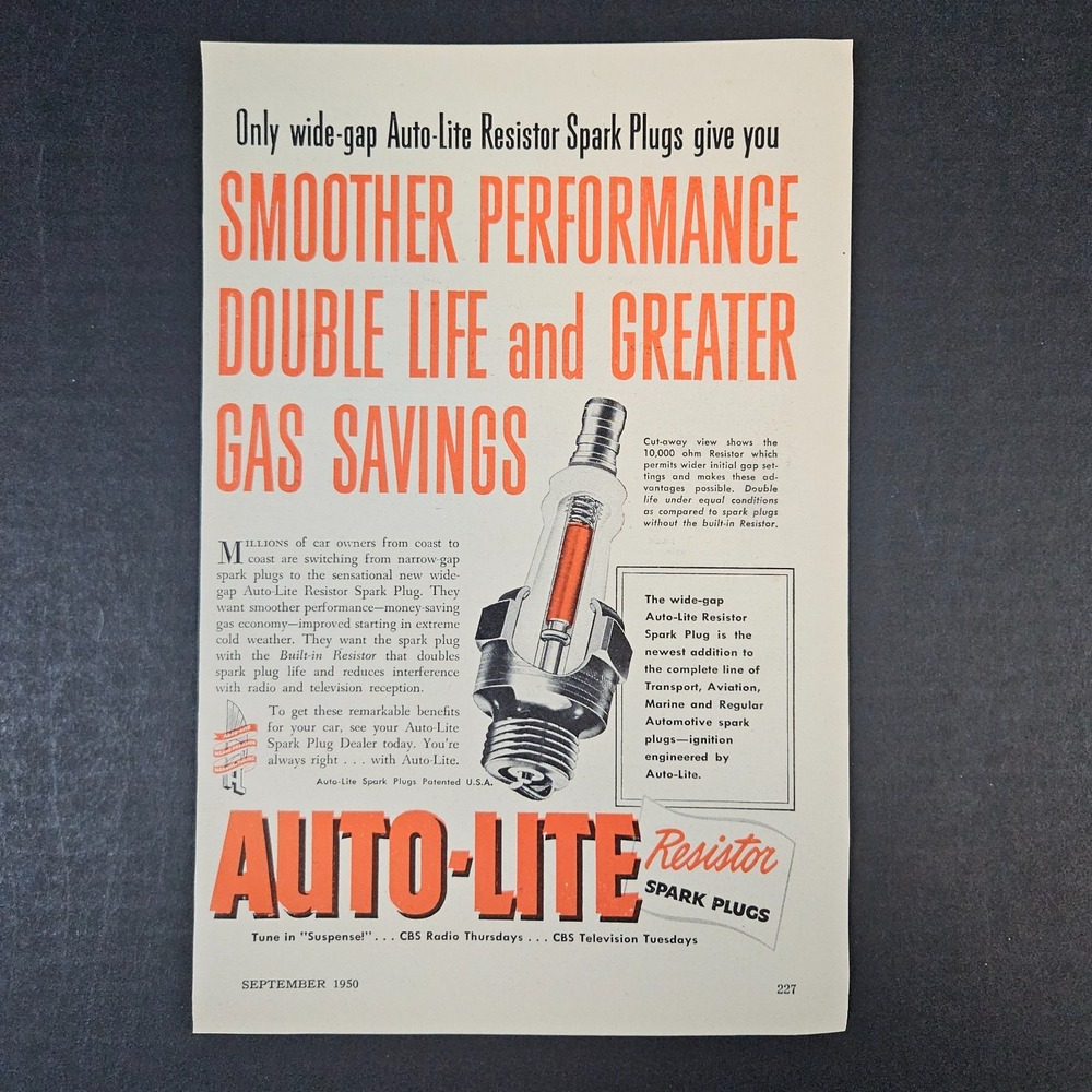 1950 Auto-Lite Resistor Spark Plugs Vintage Print Ad‎ Greater Gas Savings CBS